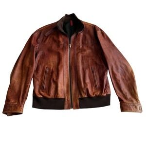 Peruzzi VTG Italian Distressed Leather Cognac Brown Bomber Jacket IT 56 US XL